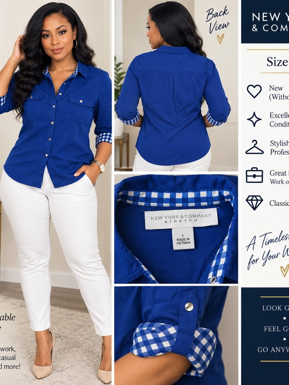 New York & Company Royal Blue Button-Down Shirt with Gingham Trim